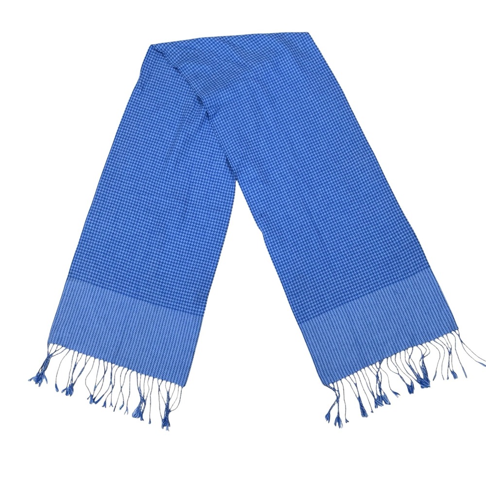 Rong Guan 100% Lambswool Large Rectangular Scarf 64x12‎ Blue Houndstooth Fringe